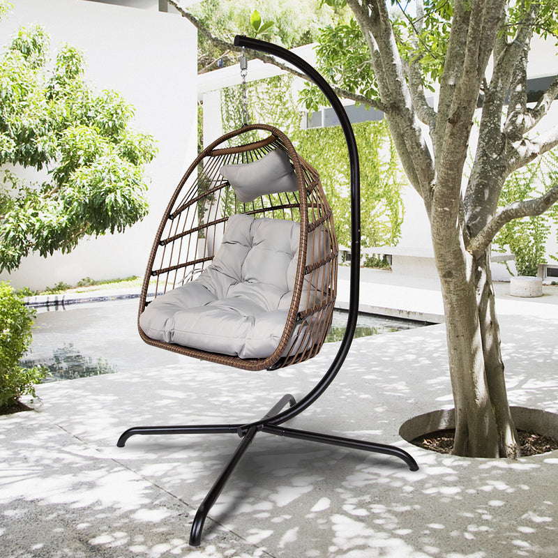 Swing Egg Chair with Stand Indoor Outdoor Wicker Rattan Patio Basket Hanging Chair with C Type bracket , with cushion and pillow,Patio Wicker folding Hanging Chair