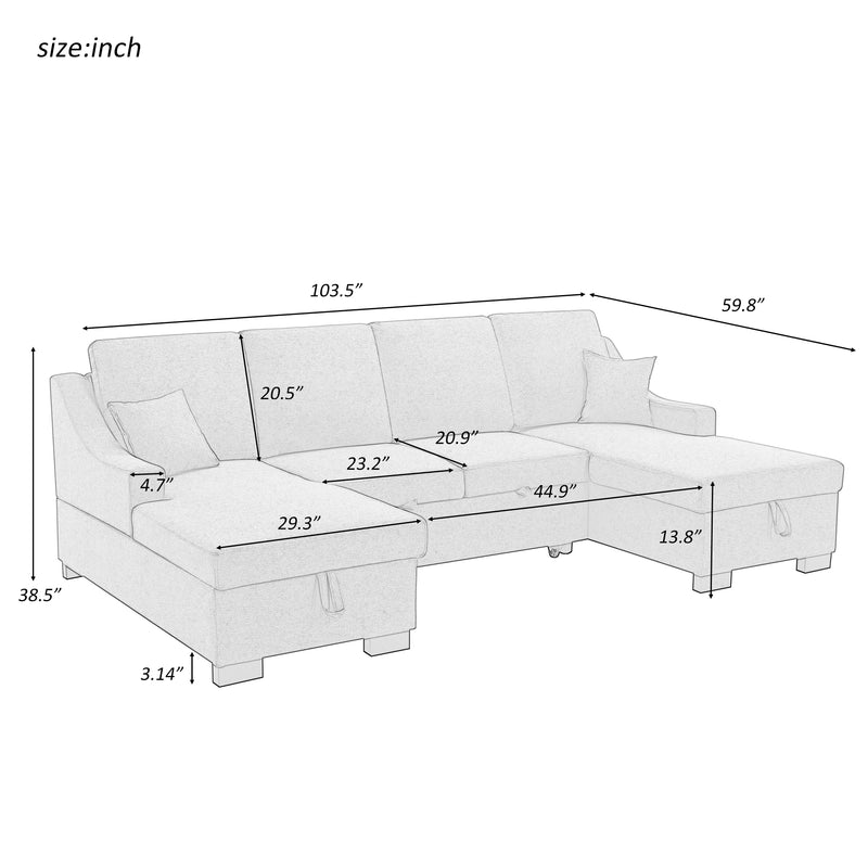 U_STYLE Upholstery Sleeper Sectional Sofa with Double Storage Spaces, 2 Tossing Cushions, Grey