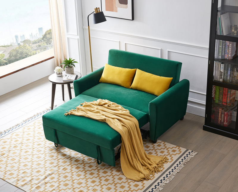 [VIDEO provided]55" Modern Velvet Sofa with Pull-Out Sleeper Bed with 2 Pillows Adjustable Backrest for Small Spaces Green