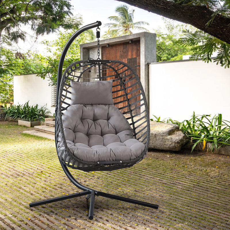 Rattan Weather Resistant Foldable Hanging Hammock Egg Chair with Stand for Patio