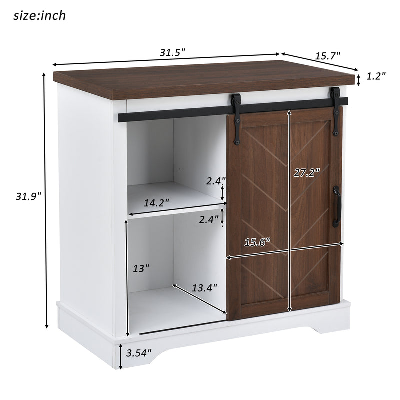 Bathroom Storage Cabinet, Freestanding Accent Cabinet, Sliding Barn Door, Thick Top, Adjustable Shelf, White and Brown