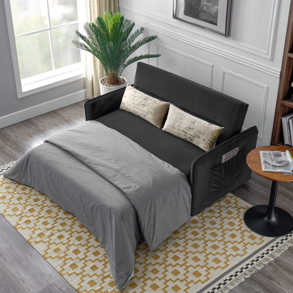 57"Modern Velvet Sofa with Pull-Out Sleeper Bed with 2 Pillows Adjustable Backrest for living room or office, 2 Big side pocket,Black - Atlantic Fine Furniture Inc