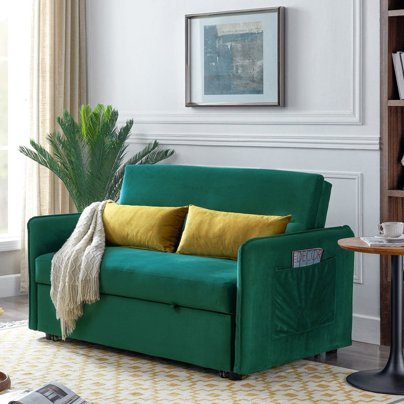 57"Modern Velvet Sofa with Pull-Out Sleeper Bed with 2 Pillows Adjustable Backrest for living room or office, 2 Big side pocket,Green - Atlantic Fine Furniture Inc
