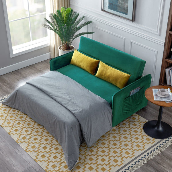 57"Modern Velvet Sofa with Pull-Out Sleeper Bed with 2 Pillows Adjustable Backrest for living room or office, 2 Big side pocket,Green - Atlantic Fine Furniture Inc