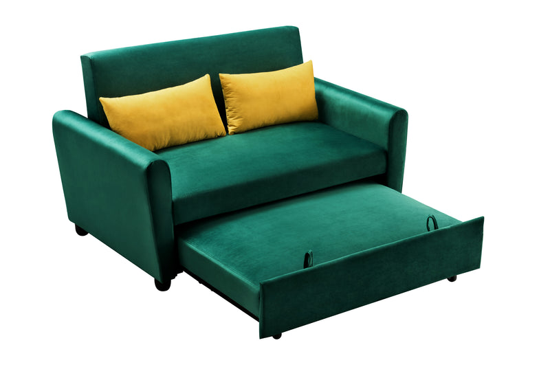 [VIDEO provided]55" Modern Velvet Sofa with Pull-Out Sleeper Bed with 2 Pillows Adjustable Backrest for Small Spaces Green