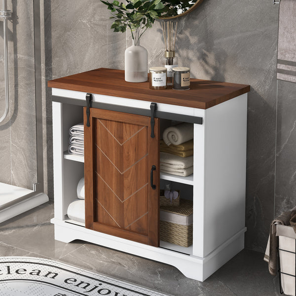 Bathroom Storage Cabinet, Freestanding Accent Cabinet, Sliding Barn Door, Thick Top, Adjustable Shelf, White and Brown