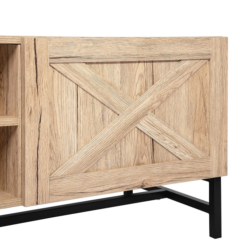 60" TV Stand with Open Doors and Storage Shelf, Oak & Black - Atlantic Fine Furniture Inc