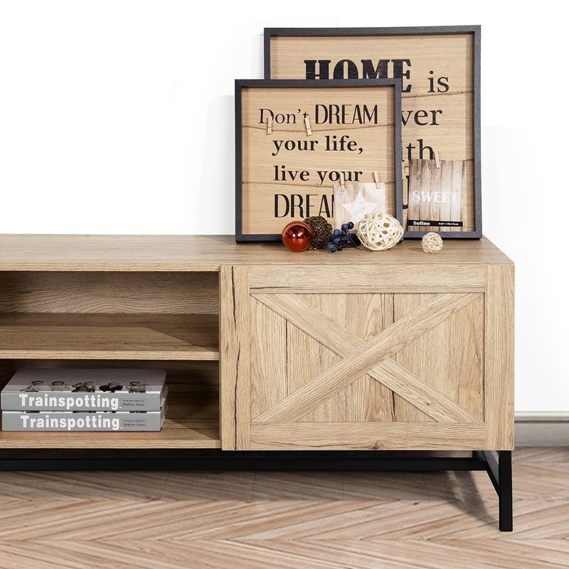 60" TV Stand with Open Doors and Storage Shelf, Oak & Black - Atlantic Fine Furniture Inc