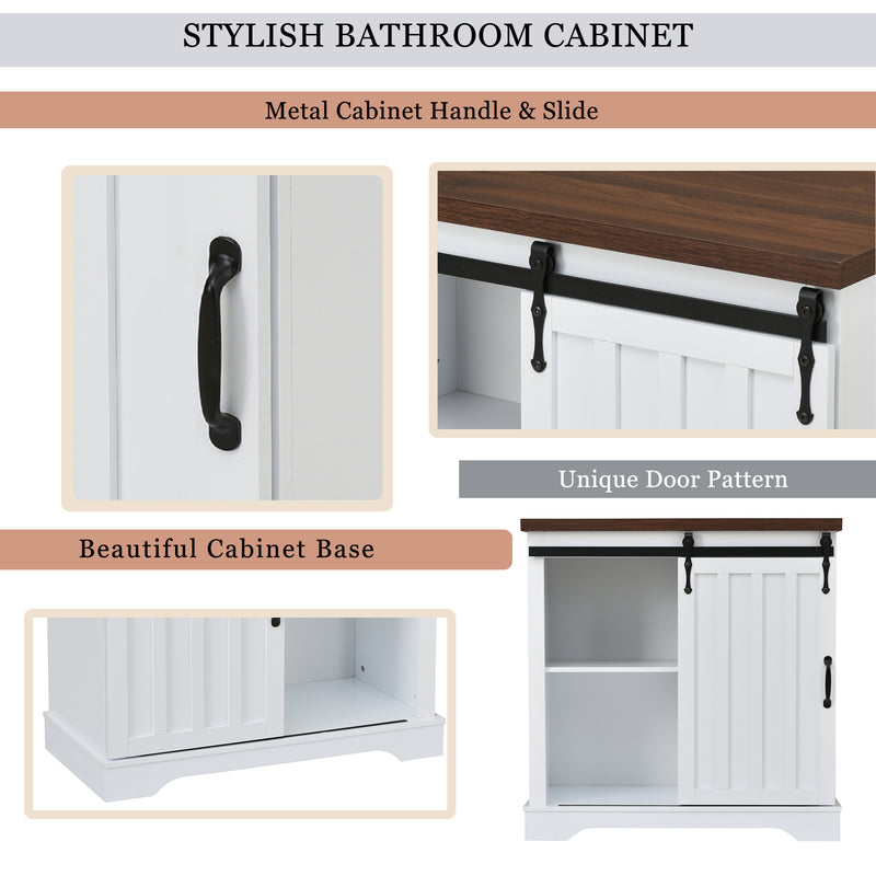 Bathroom Storage Cabinet, Freestanding Accent Cabinet, Sliding Barn Door, Thick Top, Adjustable Shelf, White and Brown