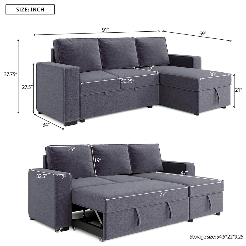 [VIDEO] 91" Reversible Pull out Sleeper Sectional Storage Sofa Bed,Corner sofa-bed with Storage Chaise Left/Right Handed Chaise