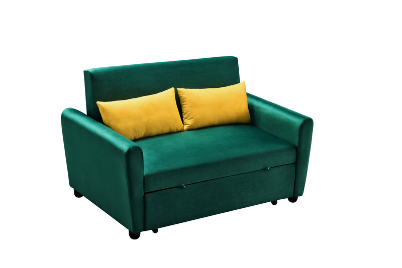 [VIDEO provided]55" Modern Velvet Sofa with Pull-Out Sleeper Bed with 2 Pillows Adjustable Backrest for Small Spaces Green