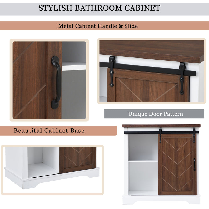 Bathroom Storage Cabinet, Freestanding Accent Cabinet, Sliding Barn Door, Thick Top, Adjustable Shelf, White and Brown