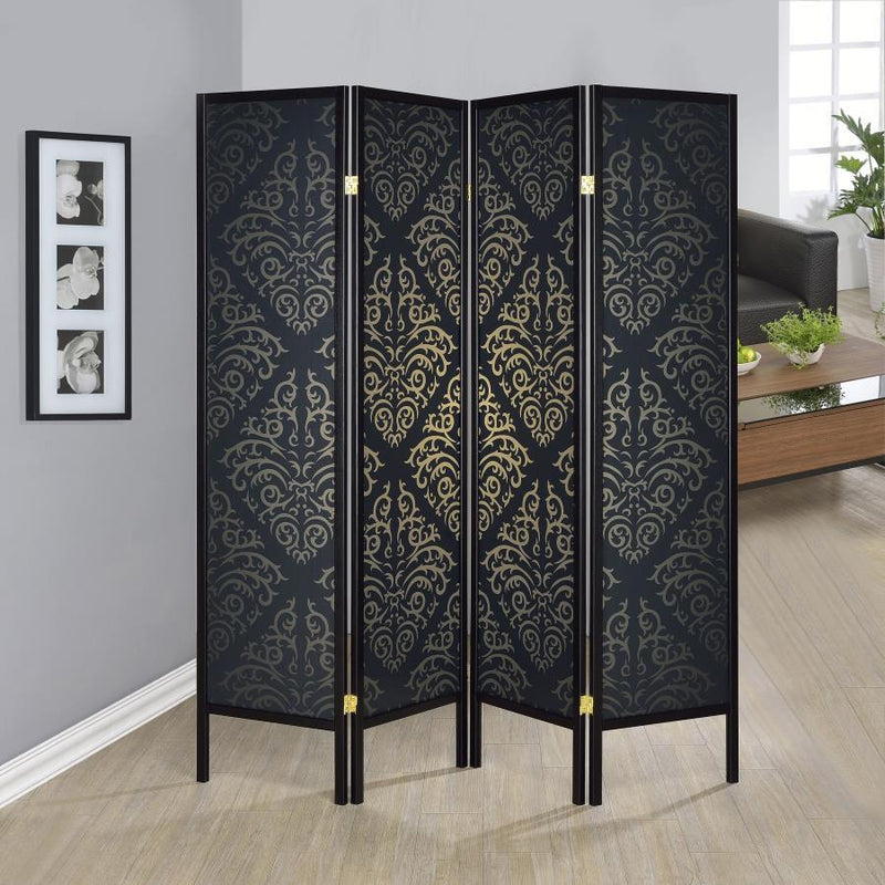 Haidera - 4-panel Damask Pattern Folding Screen - Black