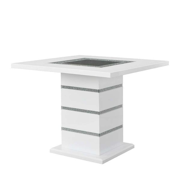 Elizaveta - Counter Height Table - Gray Velvet, Faux Crystal Diamonds &White High Gloss Finish