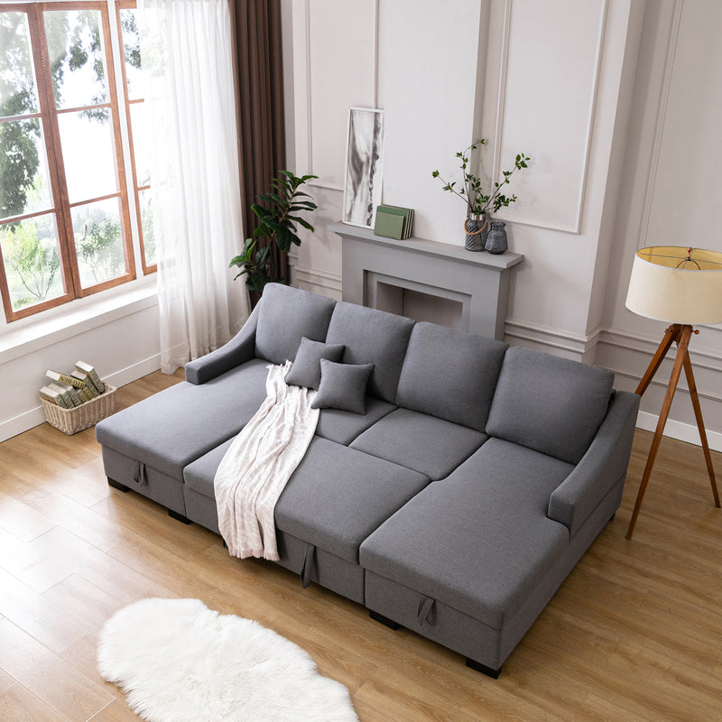 U_STYLE Upholstery Sleeper Sectional Sofa with Double Storage Spaces, 2 Tossing Cushions, Grey