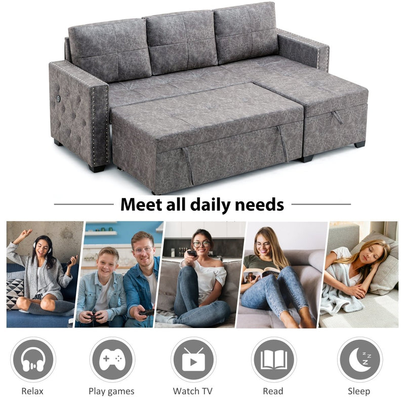 84" L Sectional Sofa with 2 USB Charger,2 seats Sofa Bed With Storage chaise,Sleeper Independent Use as Coffee Table,Nail headed,3-seat - Atlantic Fine Furniture Inc