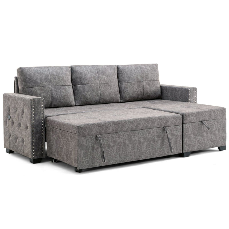 84" L Sectional Sofa with 2 USB Charger,2 seats Sofa Bed With Storage chaise,Sleeper Independent Use as Coffee Table,Nail headed,3-seat - Atlantic Fine Furniture Inc