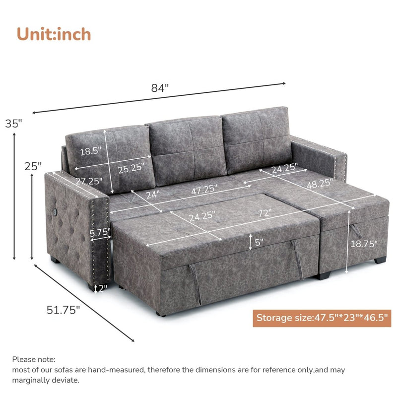 84" L Sectional Sofa with 2 USB Charger,2 seats Sofa Bed With Storage chaise,Sleeper Independent Use as Coffee Table,Nail headed,3-seat - Atlantic Fine Furniture Inc