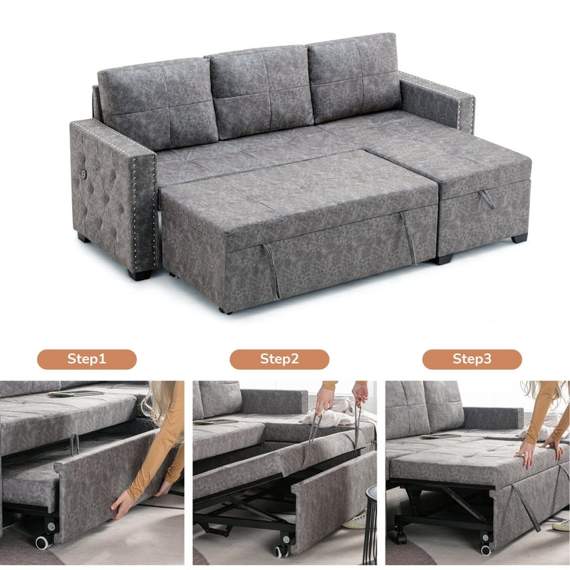 84" L Sectional Sofa with 2 USB Charger,2 seats Sofa Bed With Storage chaise,Sleeper Independent Use as Coffee Table,Nail headed,3-seat - Atlantic Fine Furniture Inc