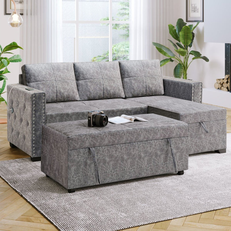 84" L Sectional Sofa with 2 USB Charger,2 seats Sofa Bed With Storage chaise,Sleeper Independent Use as Coffee Table,Nail headed,3-seat - Atlantic Fine Furniture Inc