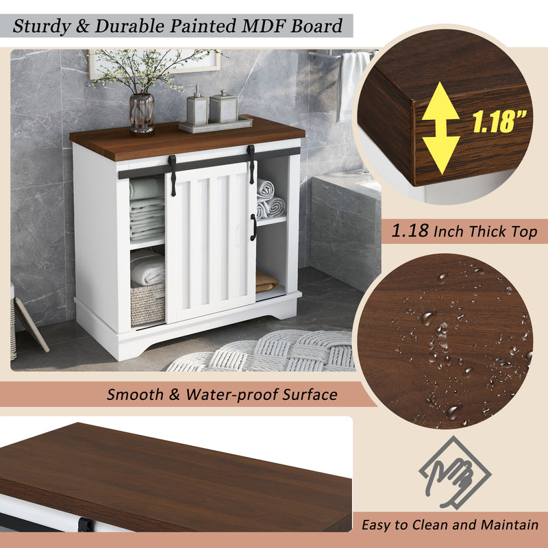 Bathroom Storage Cabinet, Freestanding Accent Cabinet, Sliding Barn Door, Thick Top, Adjustable Shelf, White and Brown