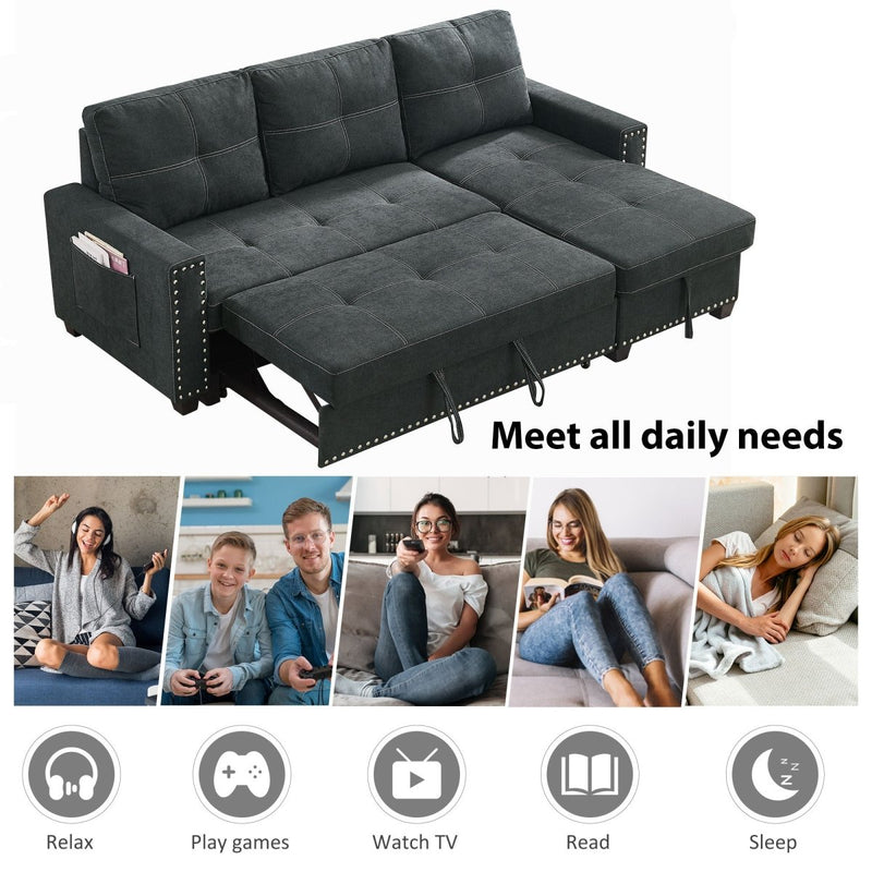 85 inch Sectional Sofa with Pull Out Bed, Solid Wood & Fabric Upholstered 2 Seats Sofa and Reversible Chaise Lounge with Storage, Modern Design L-Shaped Sleeper Sofa for Living Room, Black - Atlantic Fine Furniture Inc