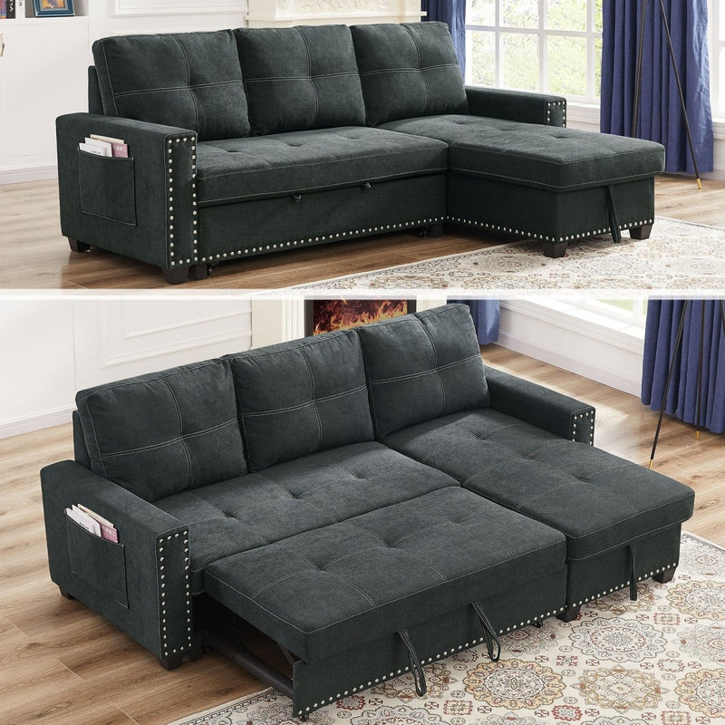 85 inch Sectional Sofa with Pull Out Bed, Solid Wood & Fabric Upholstered 2 Seats Sofa and Reversible Chaise Lounge with Storage, Modern Design L-Shaped Sleeper Sofa for Living Room, Black - Atlantic Fine Furniture Inc