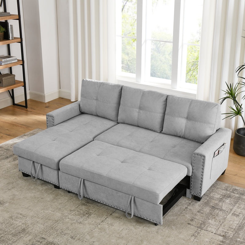 [Video] MH 82" Sleeper Sofa Bed Reversible Sectional Couch with Storage Chaise and Side storage bag for Living Room Furniture Set, silver rivets on both hands