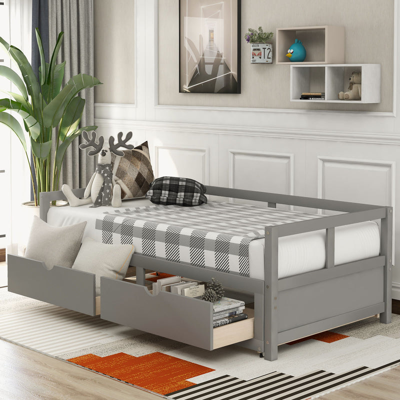 Wooden Daybed With Trundle Bed And Two Storage Drawers
