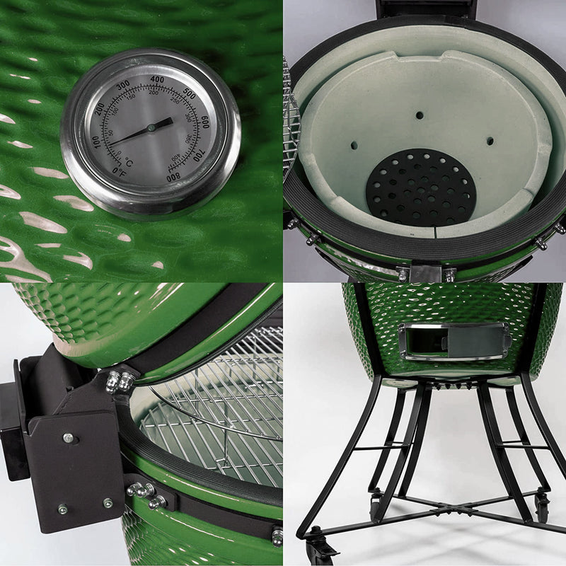 The spot/TOOPO 24inch Barbecue Charcoal Grill, Ceramic Kamado Grill with Side Table, Suitable for Camping and Picnic,GREEN