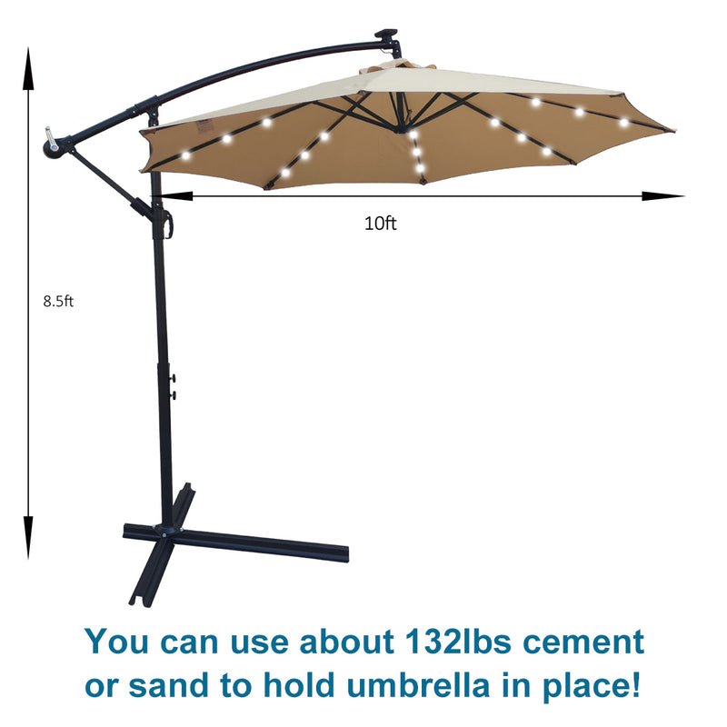 Tan 10 ft Outdoor Patio Umbrella Solar Powered LED Lighted Sun Shade Market Waterproof 8 Ribs Umbrella with Crank and Cross Base for Garden Deck Backyard Pool Shade Outside Deck Swimming Pool