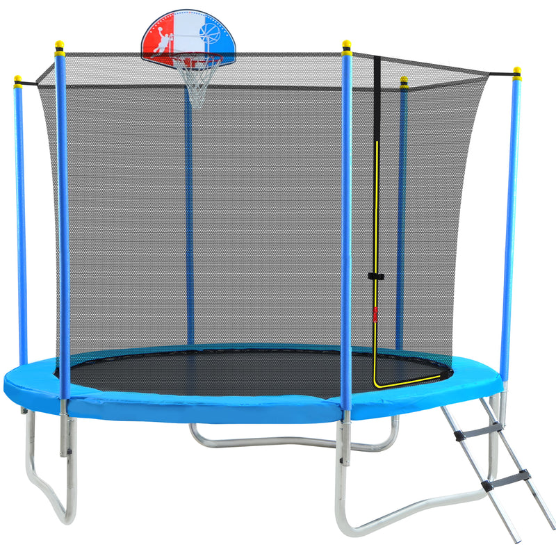 8FT Trampoline For Kids With Safety Enclosure Net - Basketball Hoop And Ladder - Easy Assembly Round Outdoor Recreational Trampoline