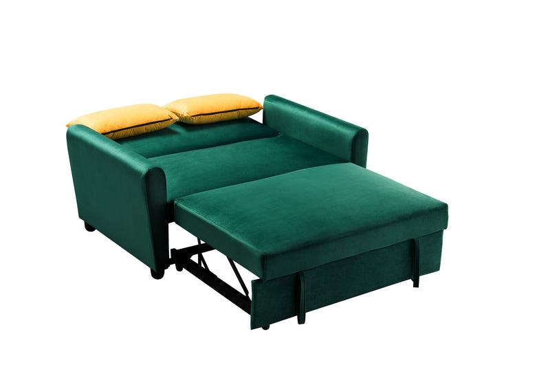 [VIDEO provided]55" Modern Velvet Sofa with Pull-Out Sleeper Bed with 2 Pillows Adjustable Backrest for Small Spaces Green