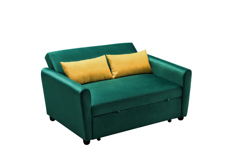 [VIDEO provided]55" Modern Velvet Sofa with Pull-Out Sleeper Bed with 2 Pillows Adjustable Backrest for Small Spaces Green