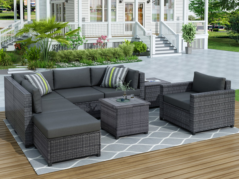 U_Style 8 Piece Rattan Sectional Seating Group with Cushions, Patio Furniture Sets, Outdoor Wicker Sectional