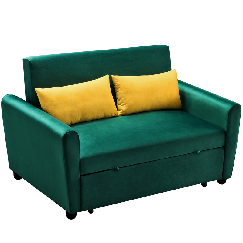 [VIDEO provided]55" Modern Velvet Sofa with Pull-Out Sleeper Bed with 2 Pillows Adjustable Backrest for Small Spaces Green