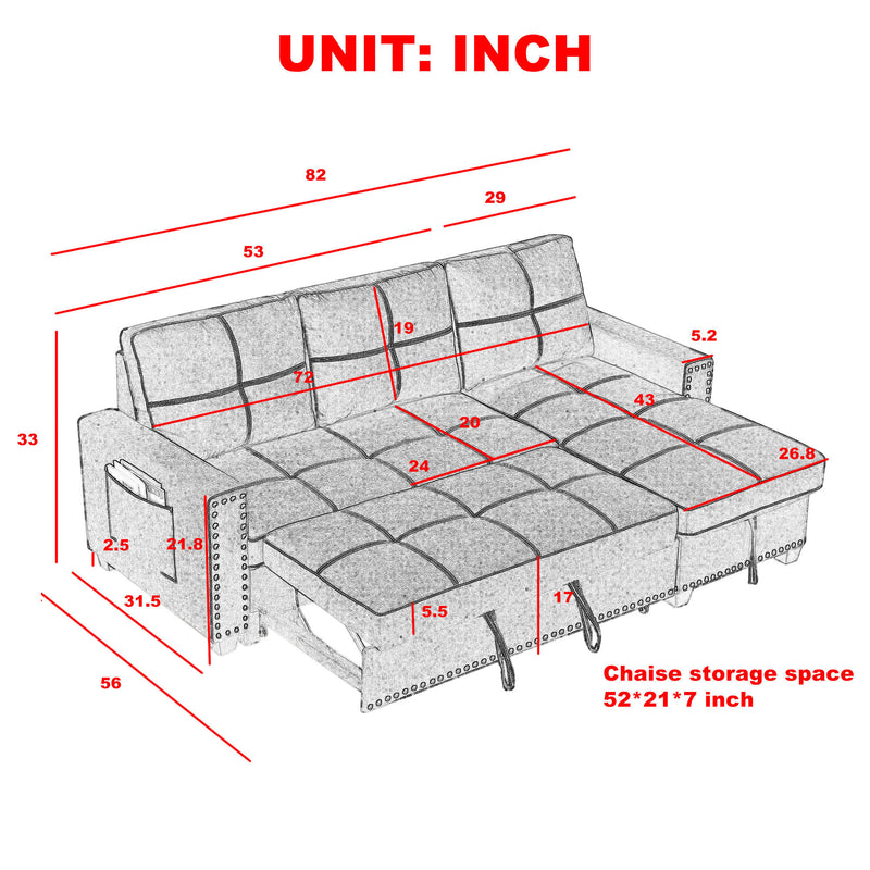 [Video] MH 82" Sleeper Sofa Bed Reversible Sectional Couch with Storage Chaise and Side storage bag for Living Room Furniture Set, silver rivets on both hands