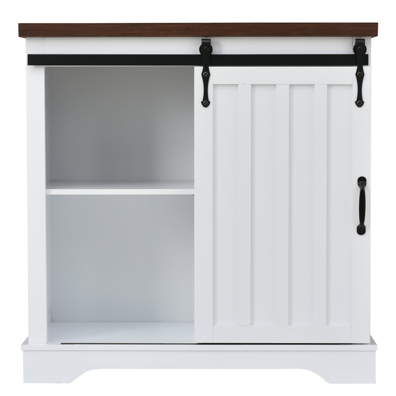 Bathroom Storage Cabinet, Freestanding Accent Cabinet, Sliding Barn Door, Thick Top, Adjustable Shelf, White and Brown