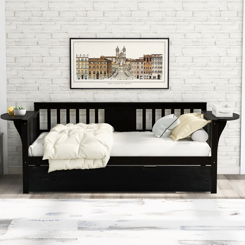 Wooden Daybed With Trundle Bed - Sofa Bed With Small Tables For Bedroom - Living Room - Espresso