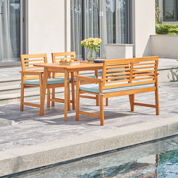 Waimea Honey 4-Piece Slatted Eucalyptus Wood Patio Dining Set with Bench and Cushion