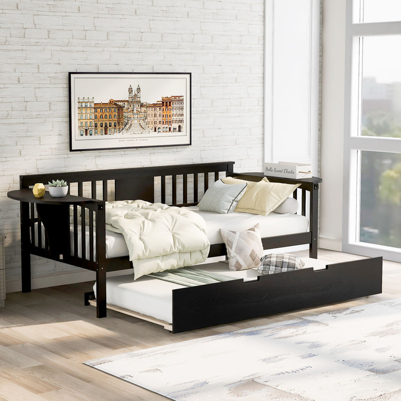 Wooden Daybed With Trundle Bed - Sofa Bed With Small Tables For Bedroom - Living Room - Espresso