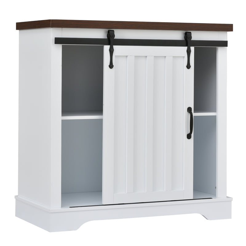 Bathroom Storage Cabinet, Freestanding Accent Cabinet, Sliding Barn Door, Thick Top, Adjustable Shelf, White and Brown