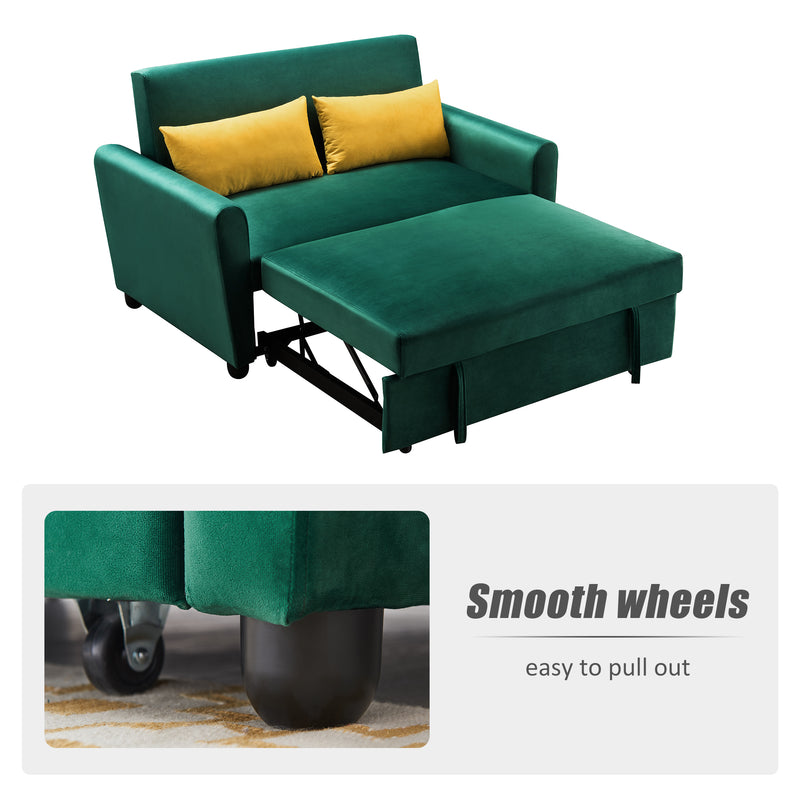 [VIDEO provided]55" Modern Velvet Sofa with Pull-Out Sleeper Bed with 2 Pillows Adjustable Backrest for Small Spaces Green