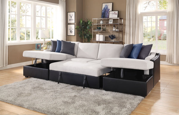 ACME Merill Sectional Sofa w/Sleeper , Beige Fabric & Black PU 56015 - Atlantic Fine Furniture Inc