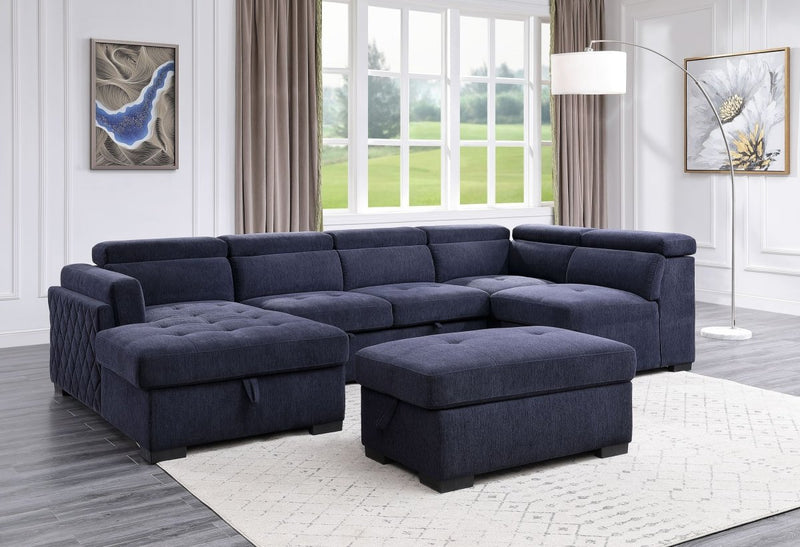 ACME Nekoda Storage Sleeper Sectional Sofa and Ottoman, Navy Blue Fabric 55520 - Atlantic Fine Furniture Inc