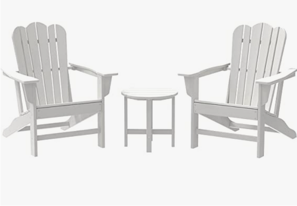 Combo for Family: 2 Plastic Adirondack Chairs & an Outdoor Side Table.  Outdoor Adirondack Chair Patio Lounge Chairs Classic Design (White)