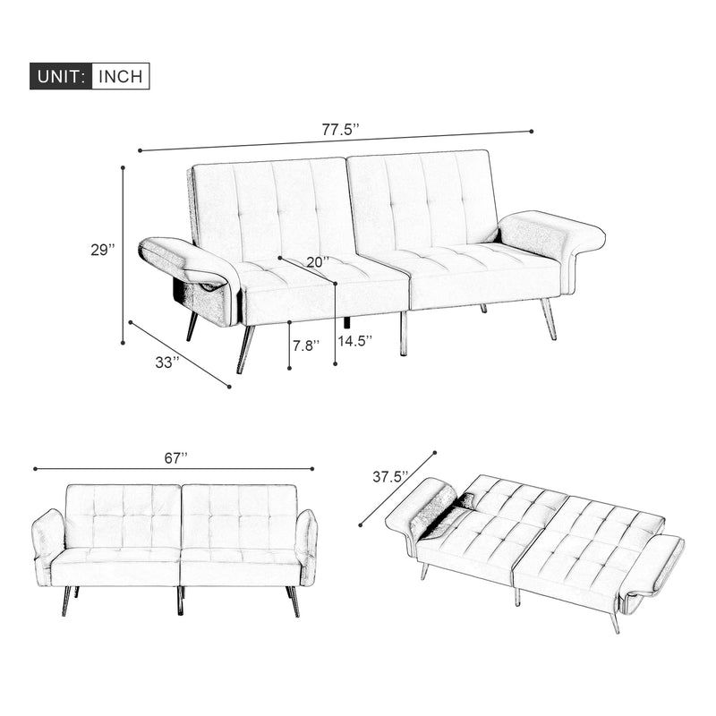 Winforce factory directly supply 280g Italian velvet folding sofa bed, foldable armrests with magazine bags futon, 78inch sleeper sofa, beige velvet