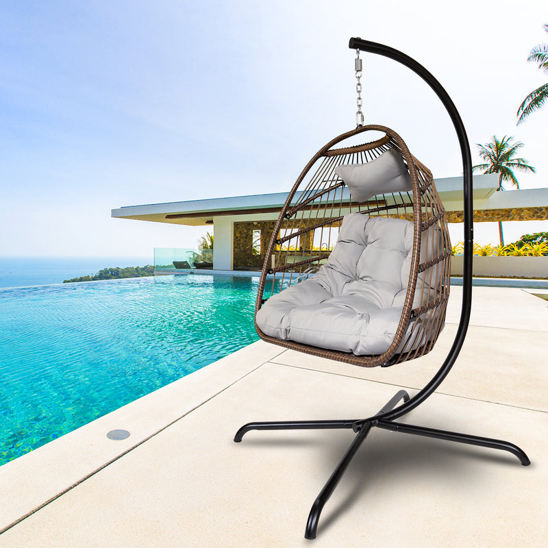 Swing Egg Chair with Stand Indoor Outdoor Wicker Rattan Patio Basket Hanging Chair with C Type bracket , with cushion and pillow,Patio Wicker folding Hanging Chair