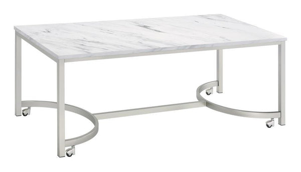 Leona - Coffee Table With Casters - White And Satin Nickel