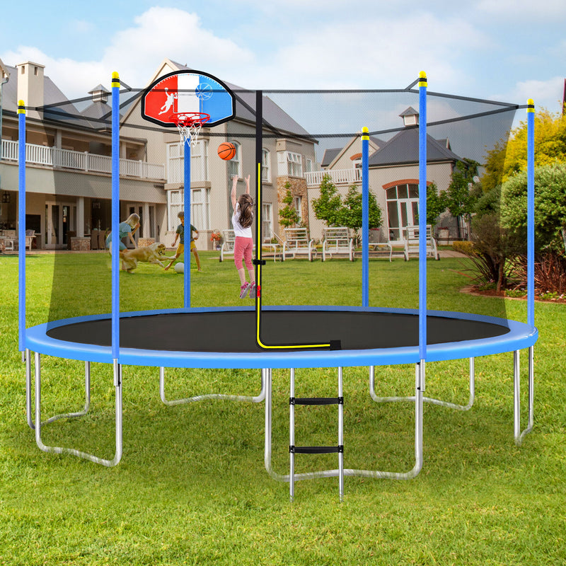 15FT Trampoline For Kids With Safety Enclosure Net - Basketball Hoop And Ladder - Easy Assembly Round Outdoor Recreational Trampoline